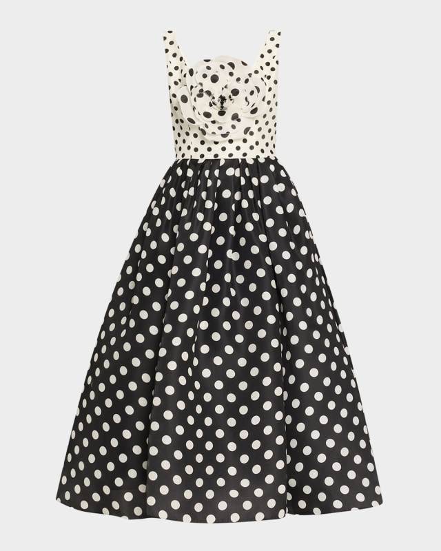 Polka-Dot Flower Sleeveless Tea-Length Dress